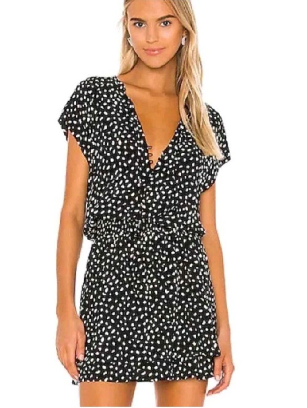 RAILS Karla Black/Cream Print Blouson Mini Dress Cap Sleeves | S